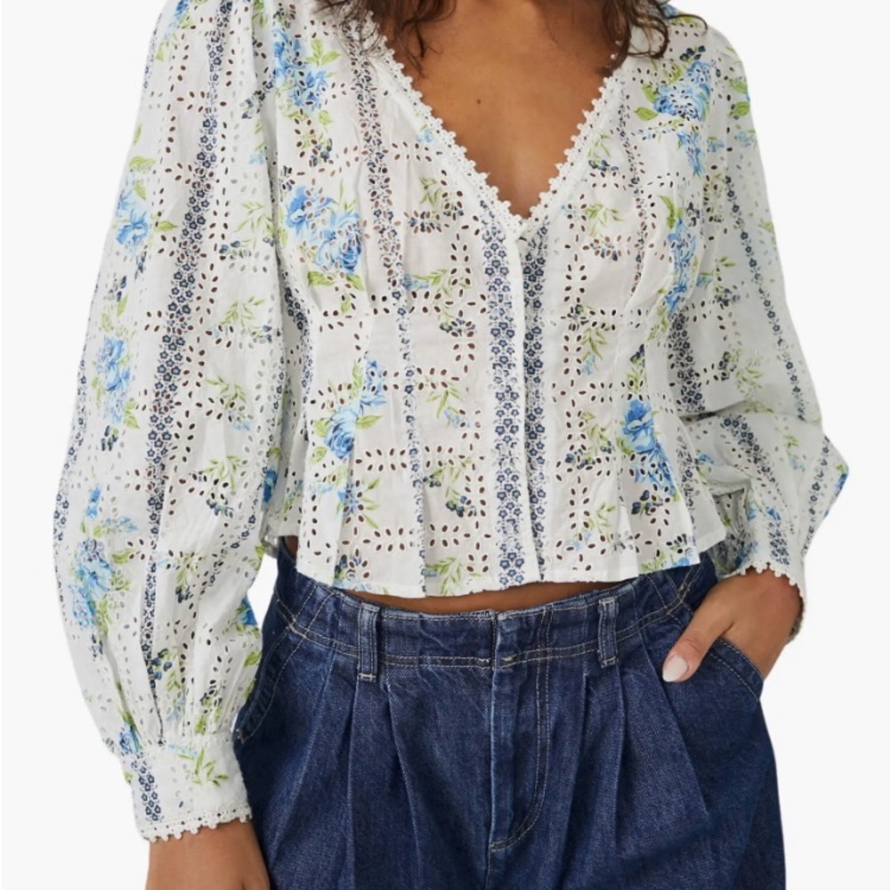 Free People Floral V-Neck Blouse